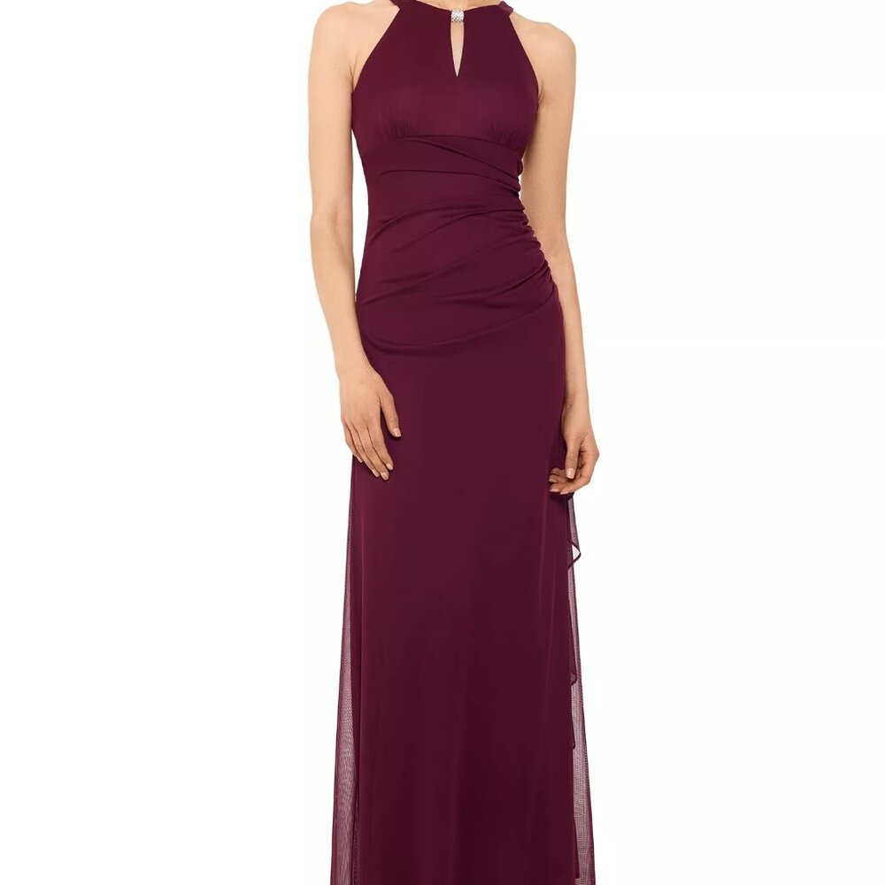 Betsy & Adam Wine Halter Ruched Evening Gown